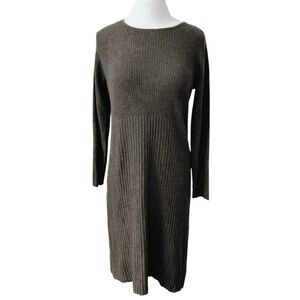 Eileen Fisher Italian Yarn Wool Charcoal Grey Ribbed Long Sleeve Dress - Medium